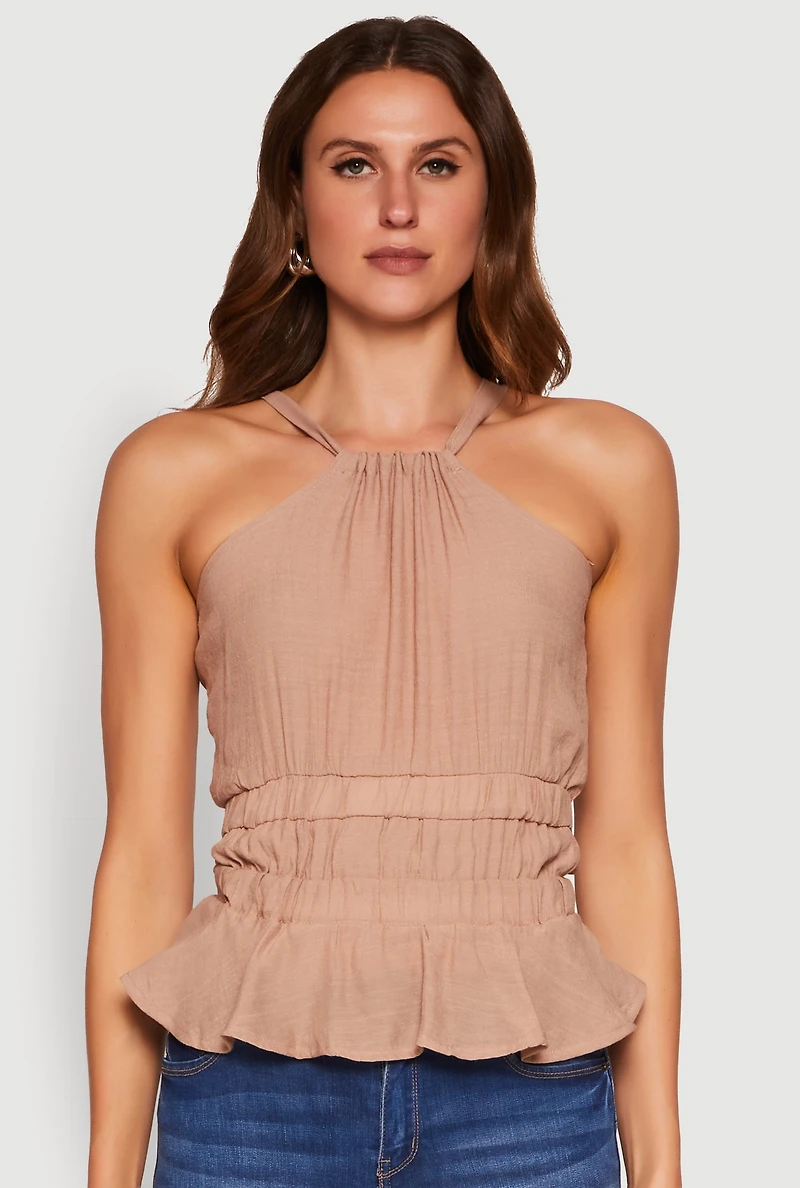 Womens Gauze Knit Halter Peplum Top,
