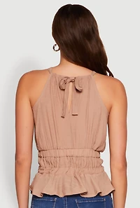 Womens Gauze Knit Halter Peplum Top, Beige, Size L