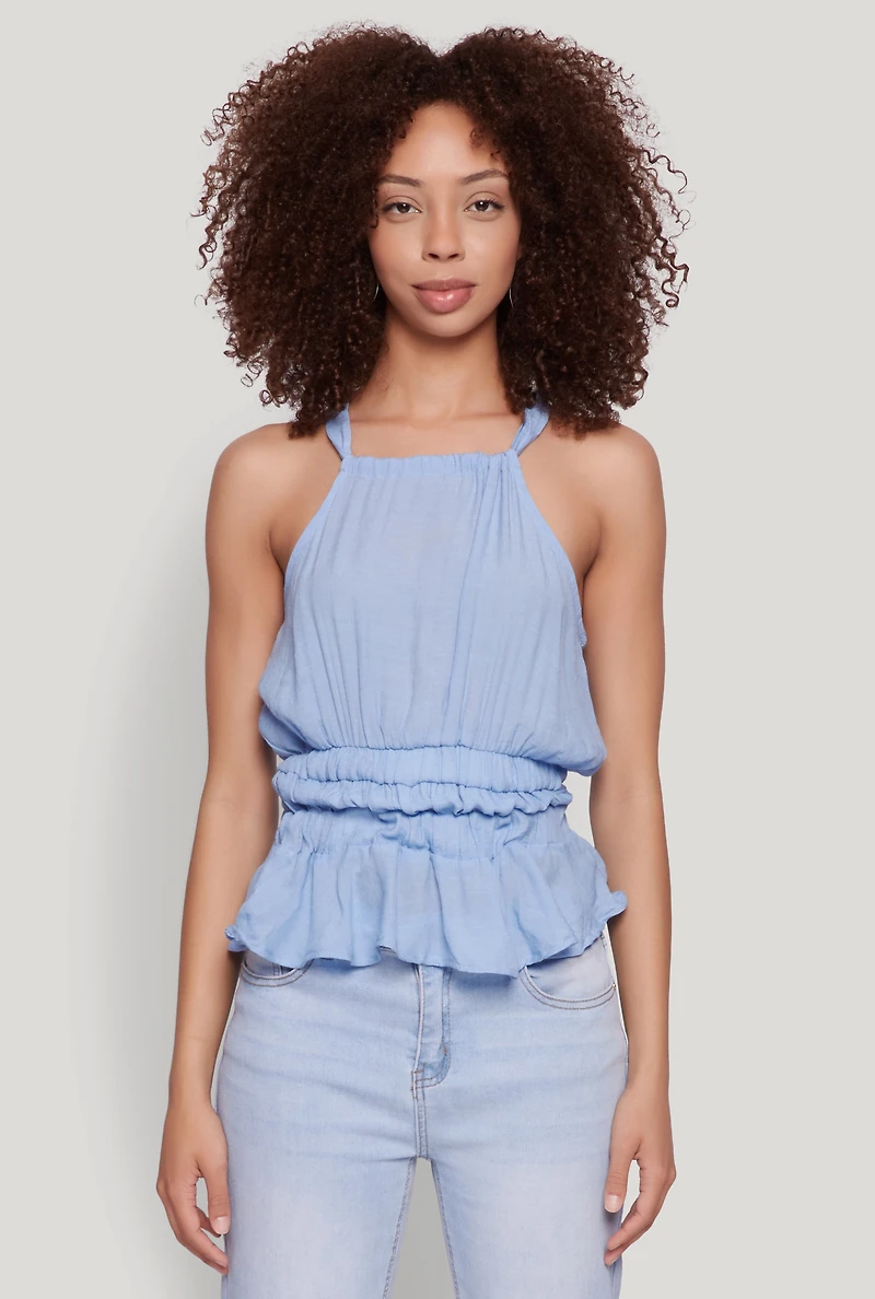 Womens Gauze Knit Halter Peplum Top,