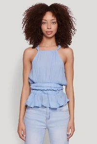Womens Gauze Knit Halter Peplum Top,