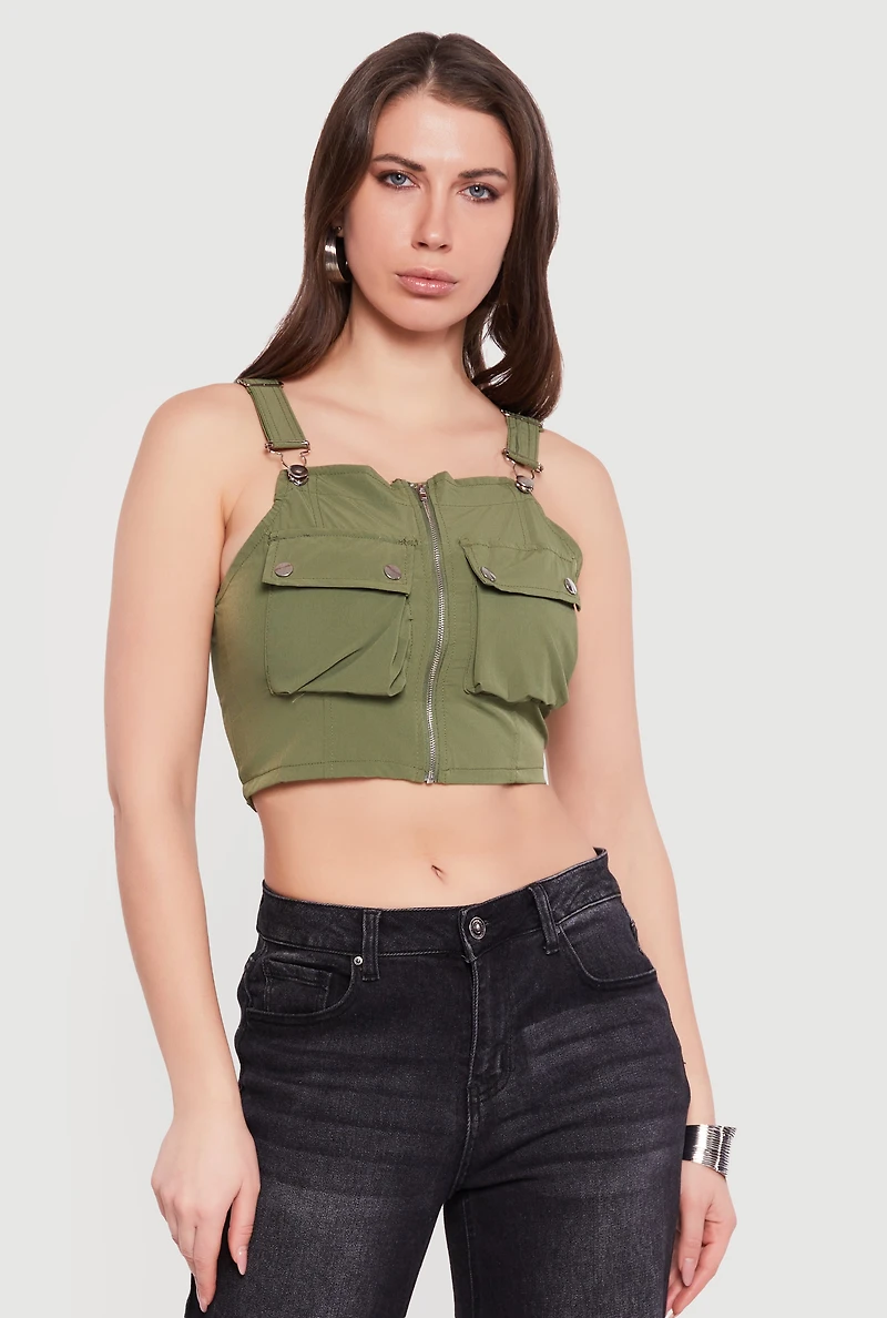 Zip Front Utility Overall Crop Top