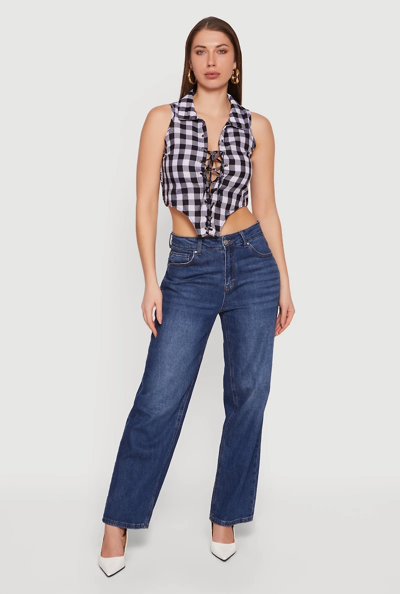 Plaid Lace Front Smocked Back Crop Top