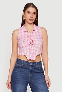 Plaid Lace Front Smocked Back Crop Top