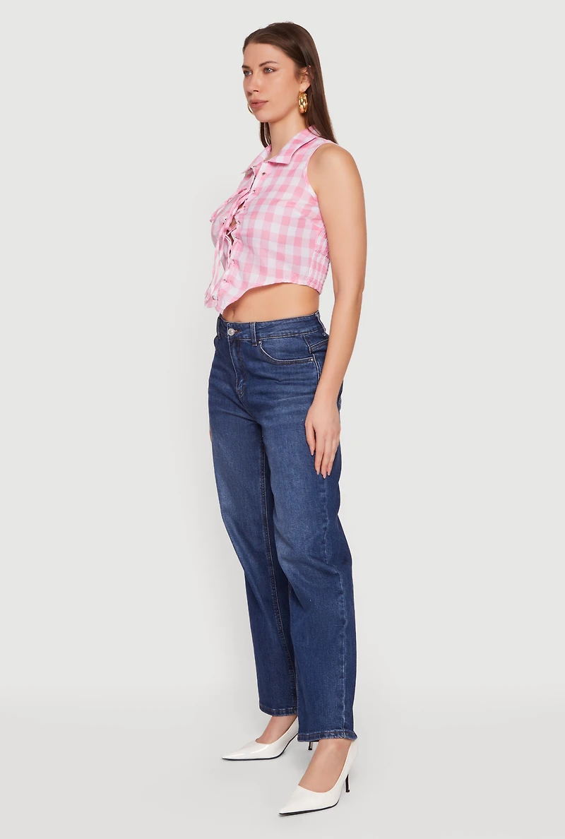 Plaid Lace Front Smocked Back Crop Top