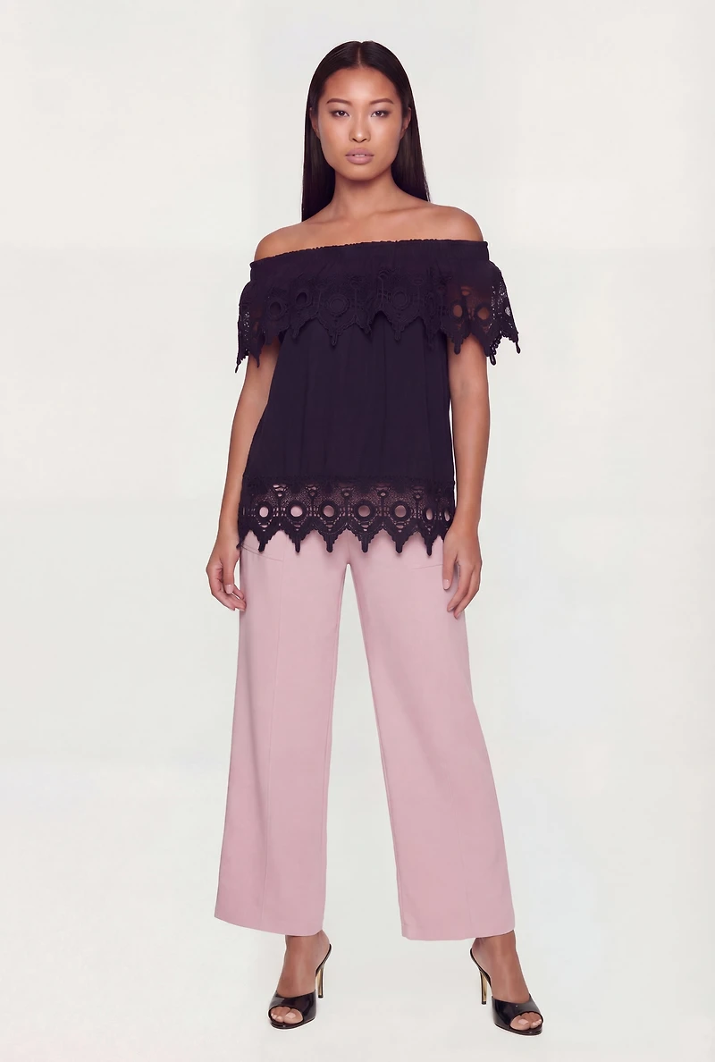 Crochet Detail Fold Over Off The Shoulder Top