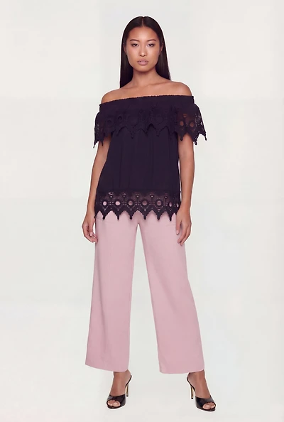 Crochet Detail Fold Over Off The Shoulder Top