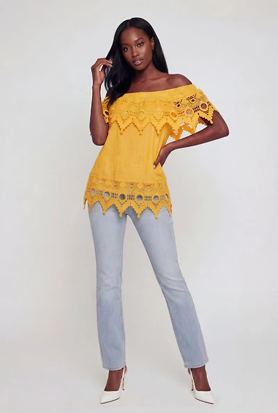 Crochet Detail Fold Over Off The Shoulder Top