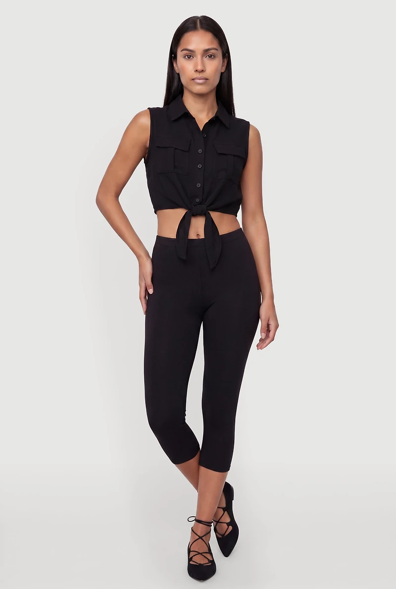 Sleeveless Button Front Cropped Tie Shirt