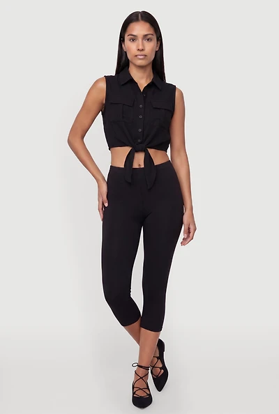 Sleeveless Button Front Cropped Tie Shirt