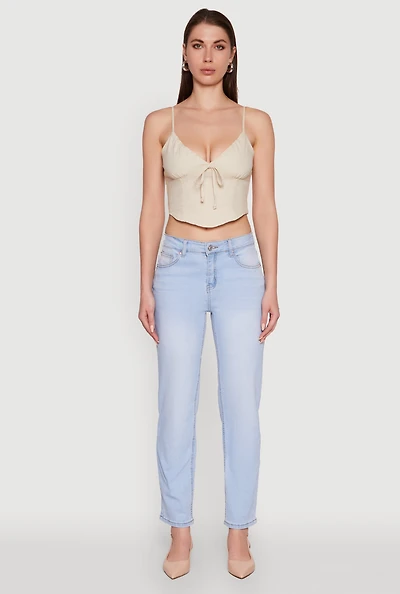 Womens Chic Linen Bustier Top with Tie Front Detail, Beige, Size M