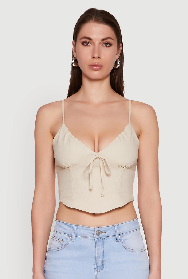 Womens Chic Linen Bustier Top with Tie Front Detail,
