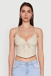 Womens Chic Linen Bustier Top with Tie Front Detail,
