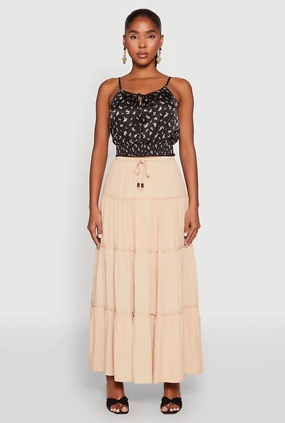 Womens Satin Floral Print Smocked Cami, Black, Size S
