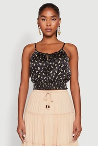 Womens Satin Floral Print Smocked Cami, Black, Size S