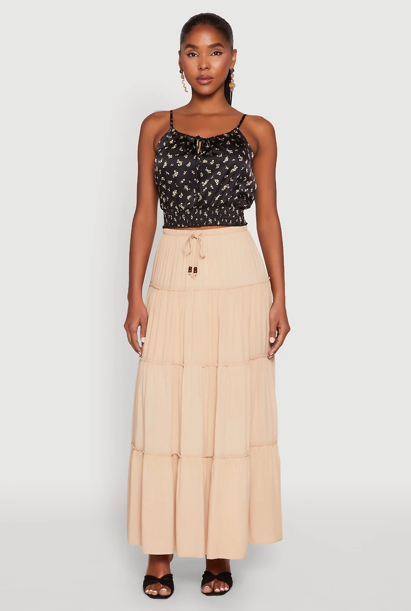 Womens Satin Floral Print Smocked Cami, Black, Size S