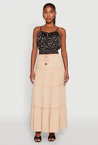 Womens Satin Floral Print Smocked Cami, Black, Size S