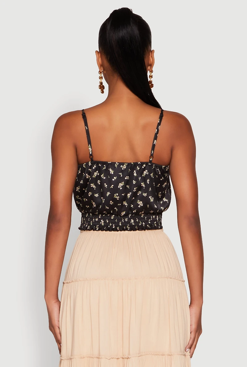 Womens Satin Floral Print Smocked Cami, Black, Size S