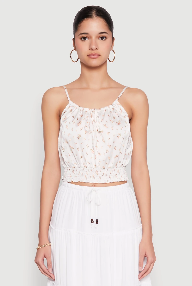 Womens Satin Floral Print Smocked Cami, White, Size M