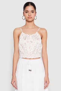 Womens Satin Floral Print Smocked Cami, White, Size L