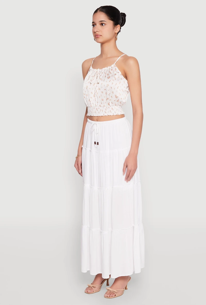 Womens Satin Floral Print Smocked Cami, White, Size L