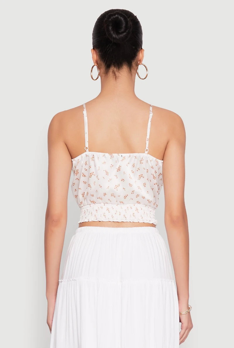 Womens Satin Floral Print Smocked Cami, White, Size M