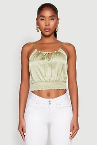 Womens Satin Floral Print Smocked Cami, Green, Size S
