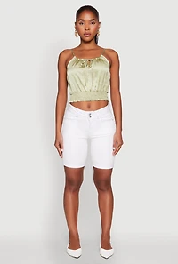 Womens Satin Floral Print Smocked Cami, Green,