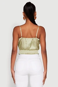 Womens Satin Floral Print Smocked Cami, Green,