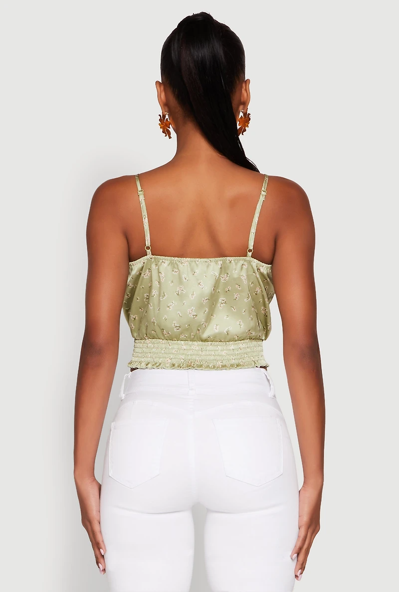 Womens Satin Floral Print Smocked Cami, Green, Size S