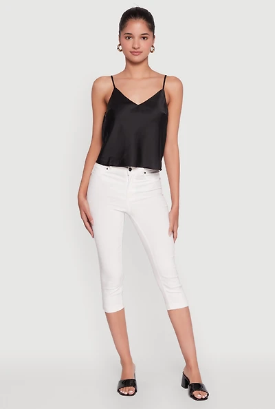 Womens Satin V-Neck Cropped Cami with Adjustable Straps,