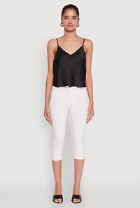Womens Satin V-Neck Cropped Cami with Adjustable Straps, Black, Size L