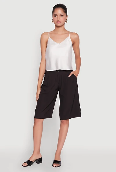 Womens Satin V-Neck Cropped Cami with Adjustable Straps, White, Size M