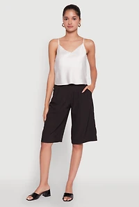 Womens Satin V-Neck Cropped Cami with Adjustable Straps, White, Size M
