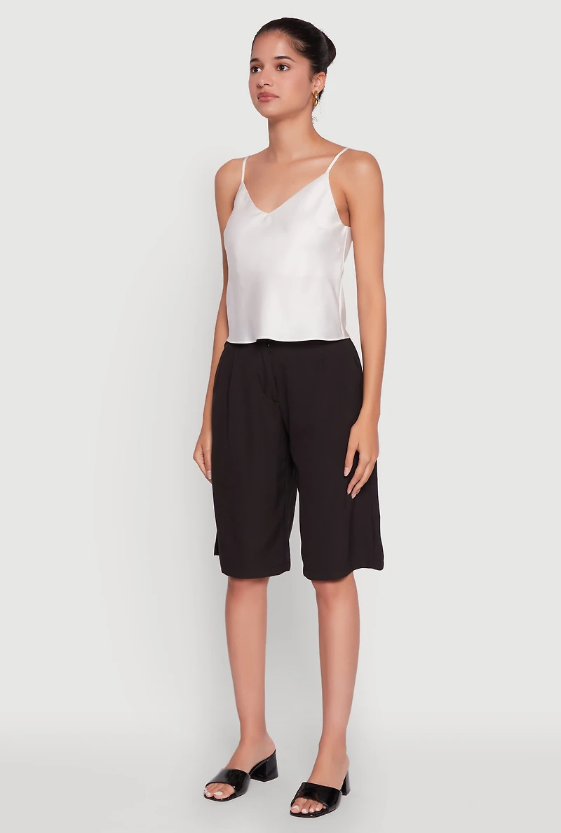 Womens Satin V-Neck Cropped Cami with Adjustable Straps, White, Size M