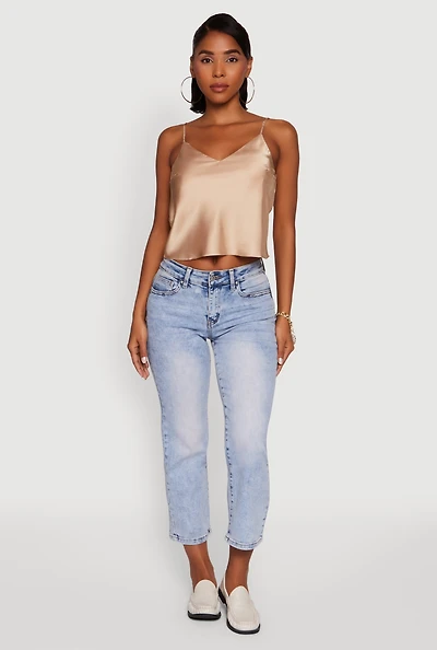 Womens Satin V-Neck Cropped Cami with Adjustable Straps, Beige, Size L