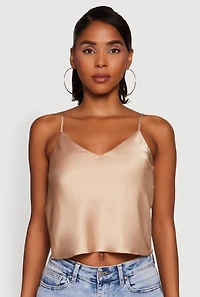 Womens Satin V-Neck Cropped Cami with Adjustable Straps, Beige, Size L