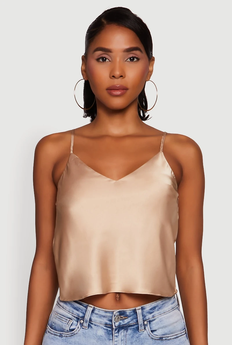 Womens Satin V-Neck Cropped Cami with Adjustable Straps,