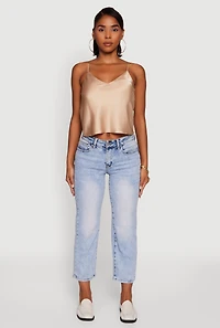 Womens Satin V-Neck Cropped Cami with Adjustable Straps, Beige, Size L
