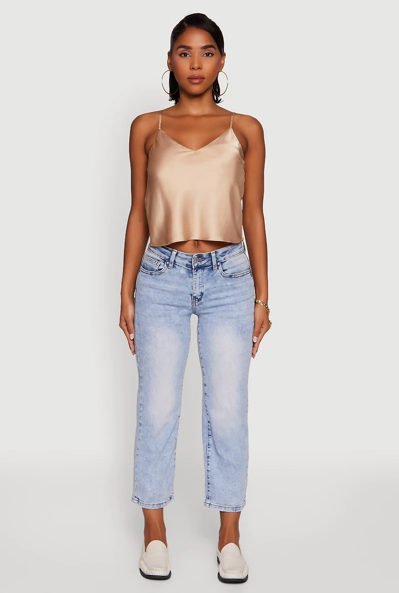 Womens Satin V-Neck Cropped Cami with Adjustable Straps,
