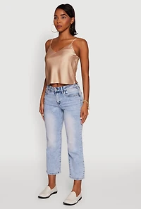Womens Satin V-Neck Cropped Cami with Adjustable Straps, Beige, Size L