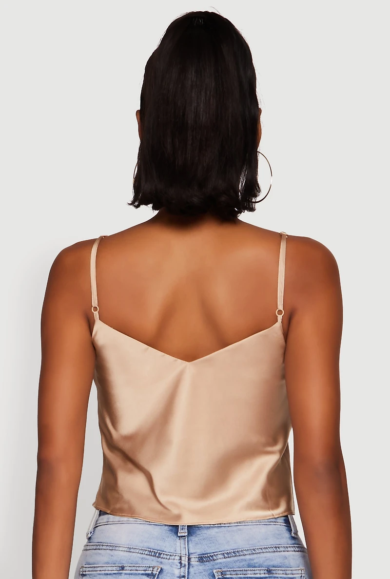 Womens Satin V-Neck Cropped Cami with Adjustable Straps, S