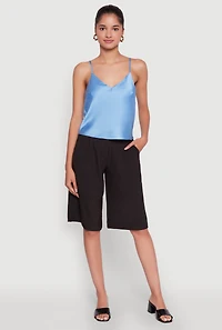 Womens Satin V-Neck Cropped Cami with Adjustable Straps, Blue, Size S
