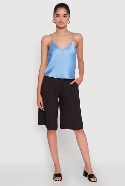 Womens Satin V-Neck Cropped Cami with Adjustable Straps, Blue, Size L