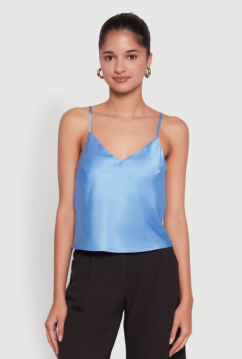Womens Satin V-Neck Cropped Cami with Adjustable Straps, Blue, Size S