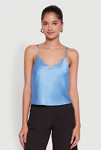 Womens Satin V-Neck Cropped Cami with Adjustable Straps, Blue, Size S