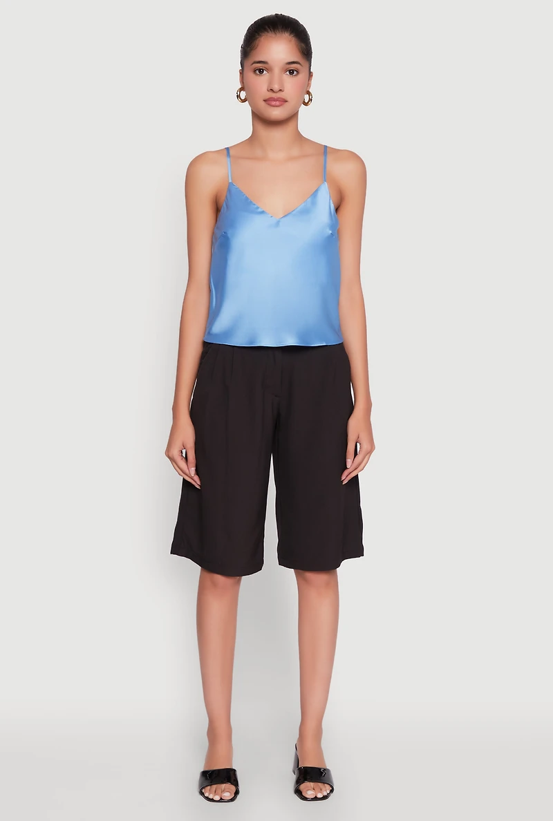 Womens Satin V-Neck Cropped Cami with Adjustable Straps, Blue, Size S