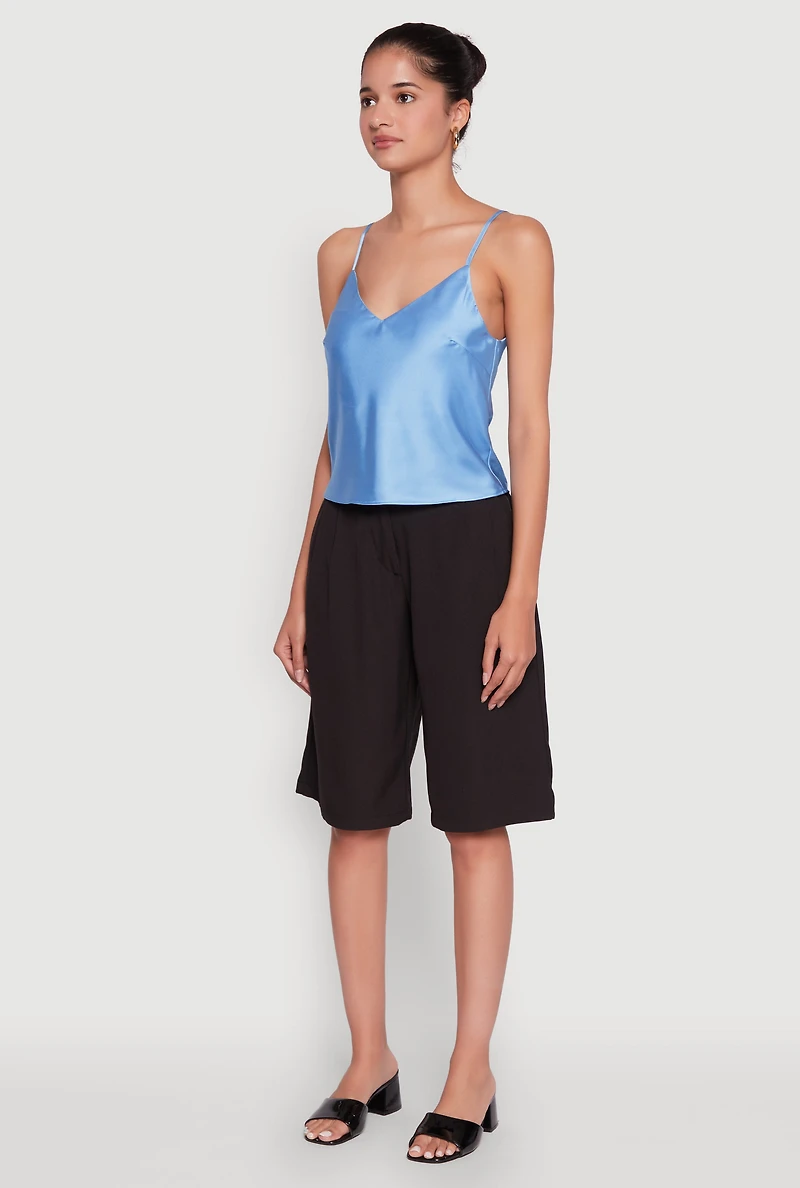 Womens Satin V-Neck Cropped Cami with Adjustable Straps, Blue, Size S