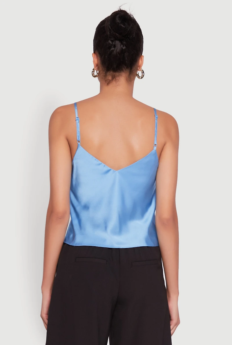 Womens Satin V-Neck Cropped Cami with Adjustable Straps, Blue, Size S