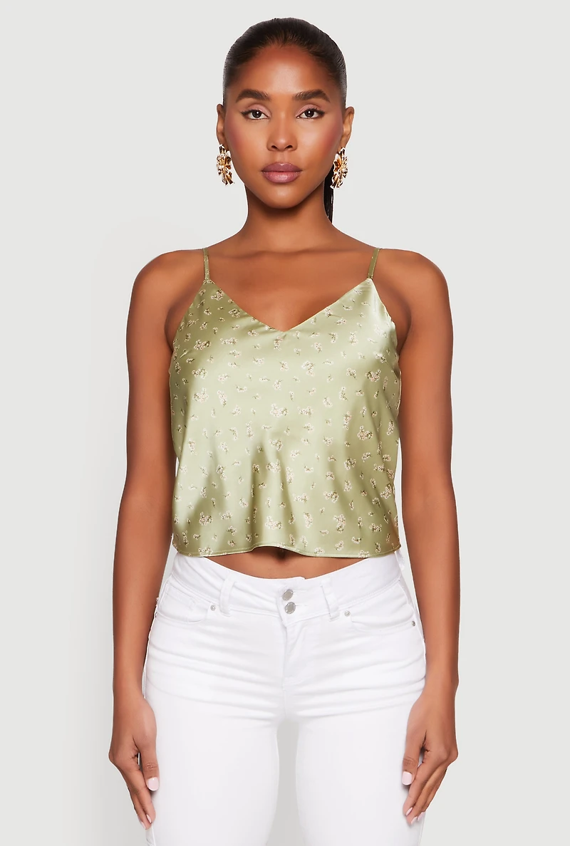 Womens Satin Patterned Print Cami, Green, Size S