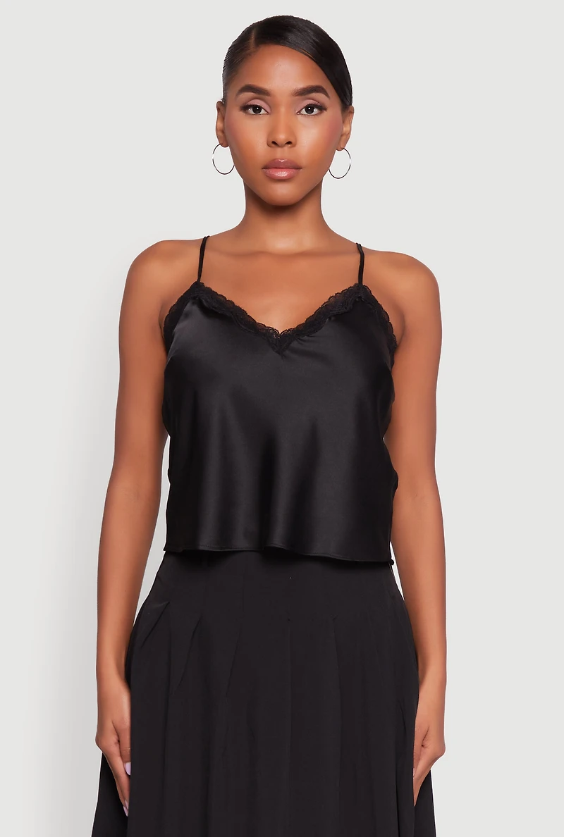 Womens V-Neck Lace Trim Cropped Cami, Black, Size S